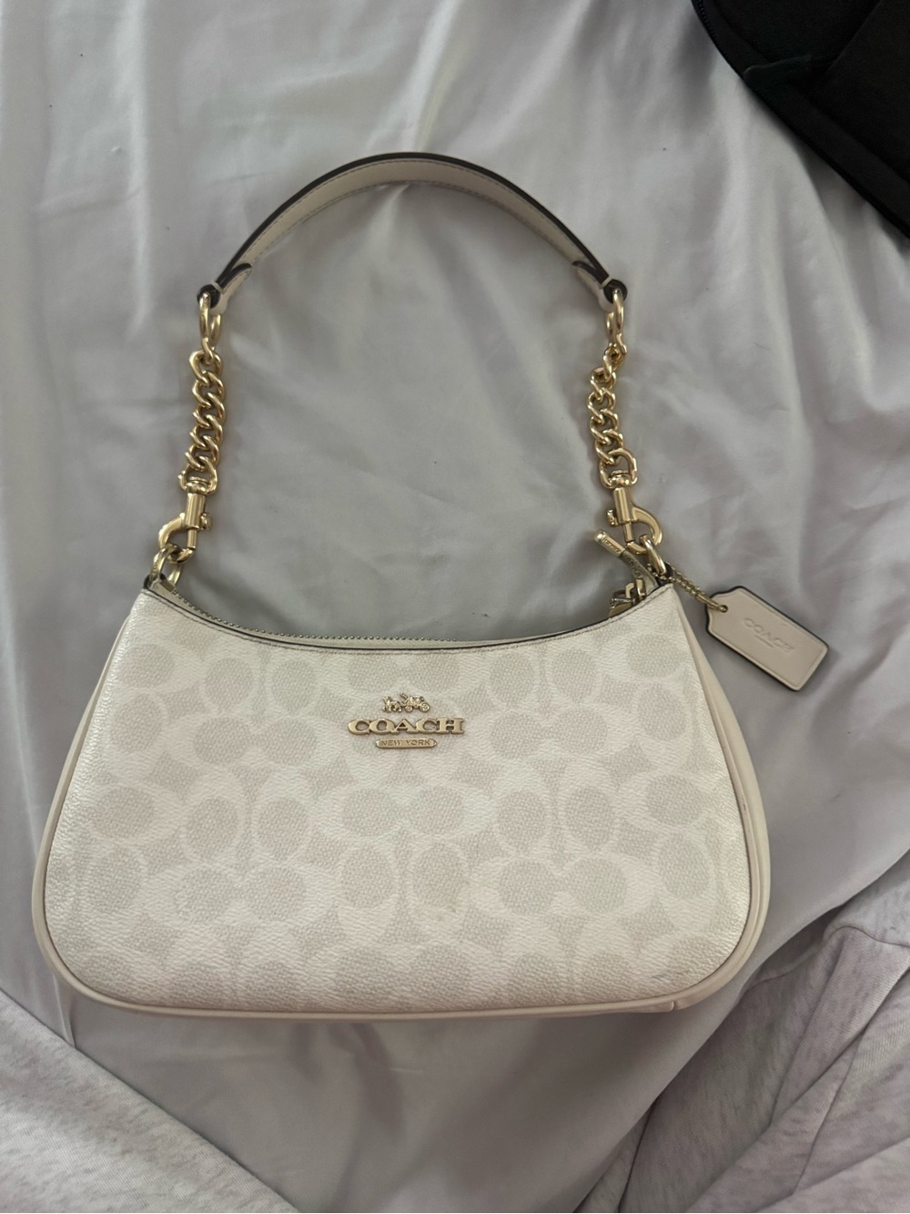 Coach Cream Signature Jacquard Shoulder Bag with Gold Hardware